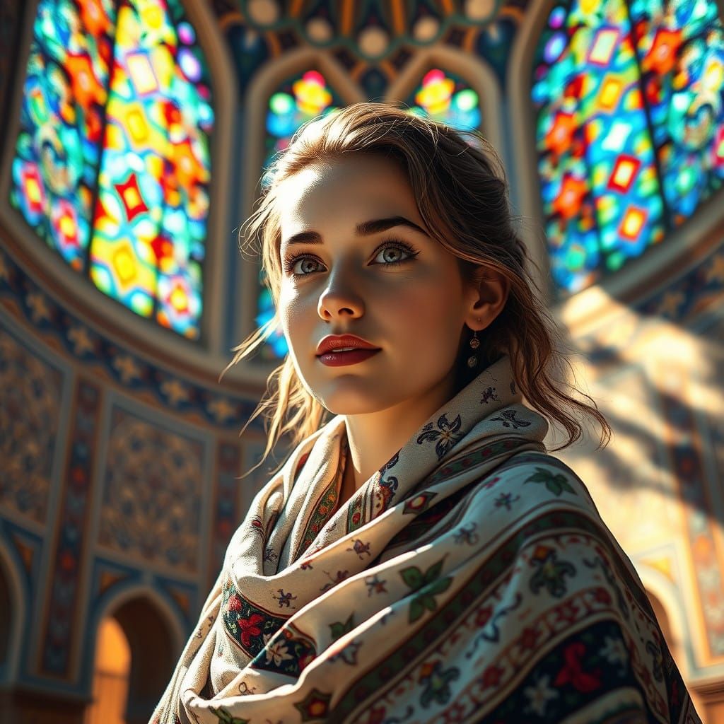 Elegant Woman in Nasir al-Mulk Mosque, Vibrant Colors and St...