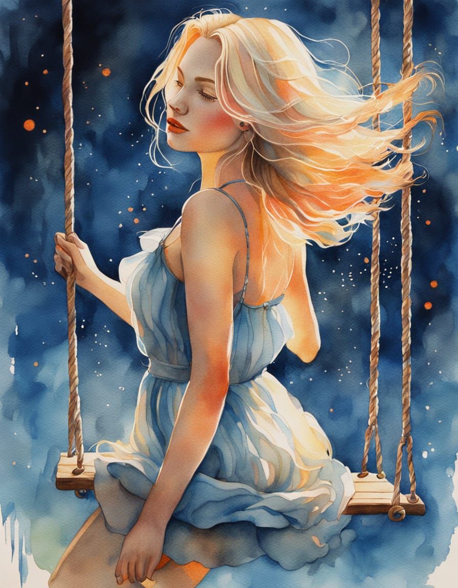 Whimsical Watercolor Portrait of Woman on Swing