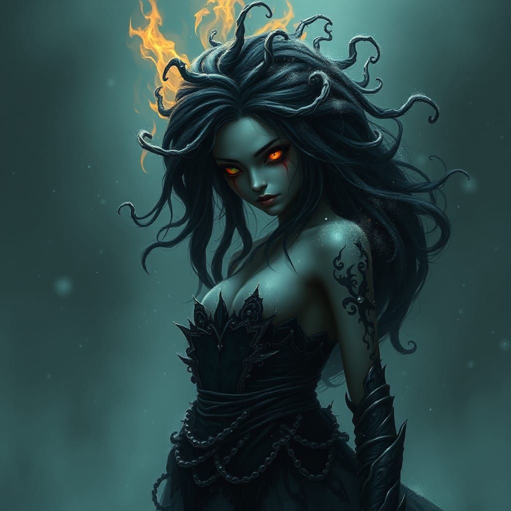 Dark Mermaid in Apocalyptic Landscape, Hyperrealistic