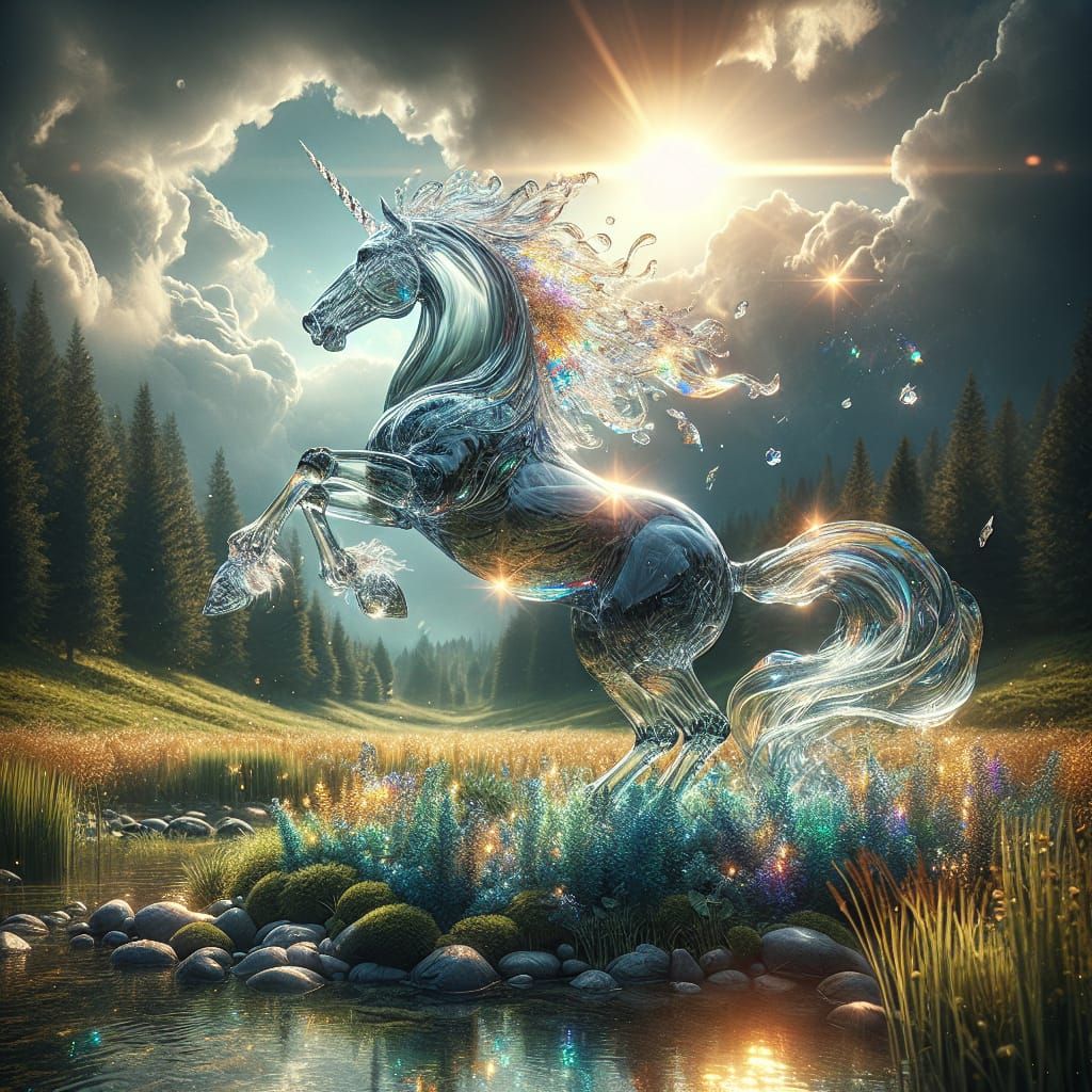 Majestic Glass Stallion in Enchanted Fey-wild Meadow