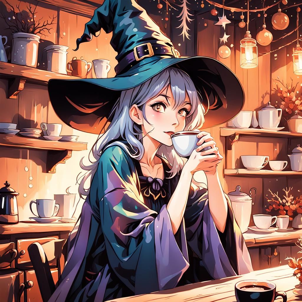 Young Witch in Moe Anime Style Sips Coffee in Cozy Christmas...