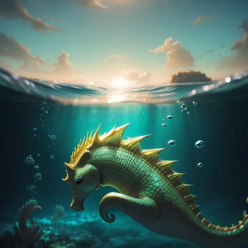 King of Atlantis on Golden Seahorse in Underwater Kingdom