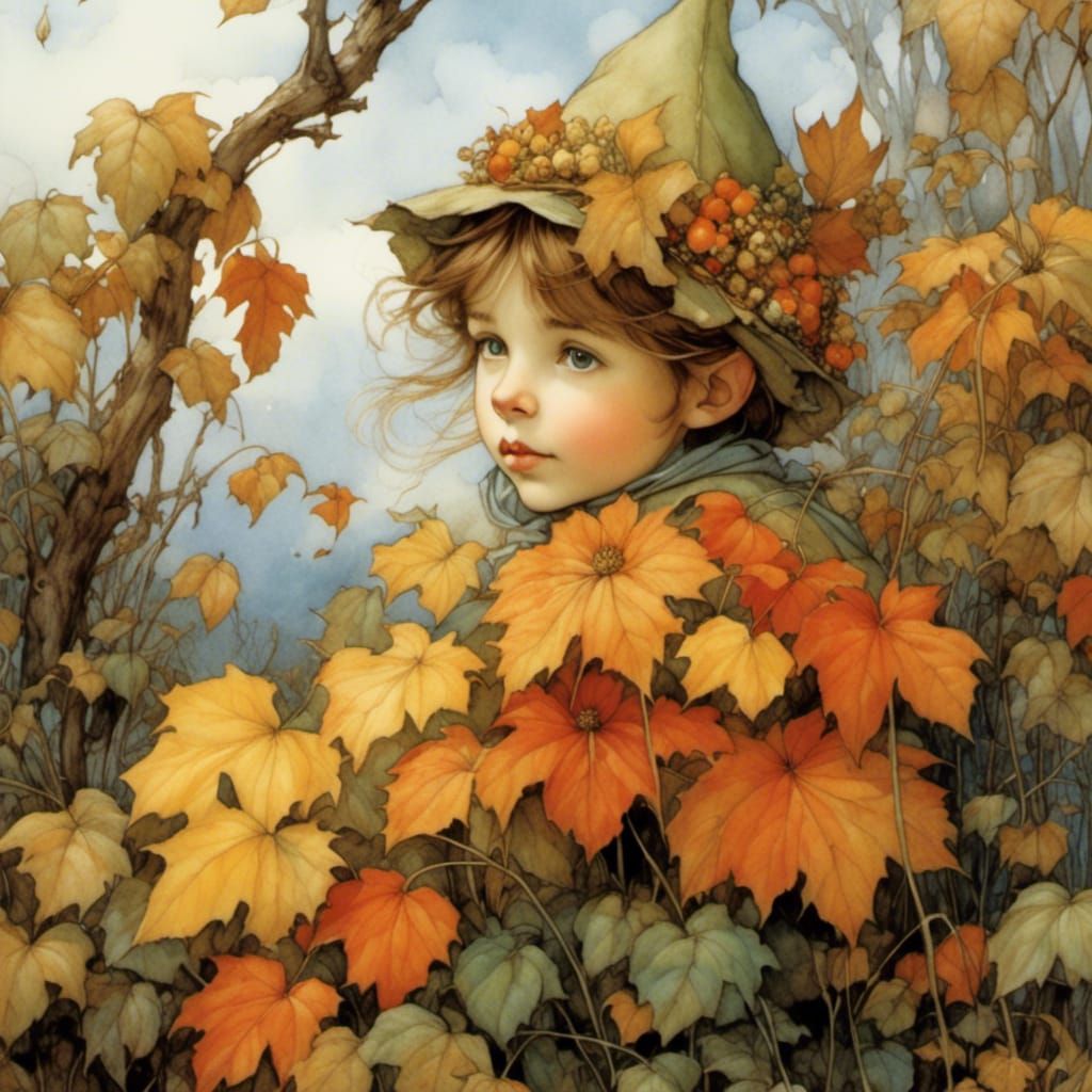 Autumnal Flower Elf Illustration in Fairy Art Style