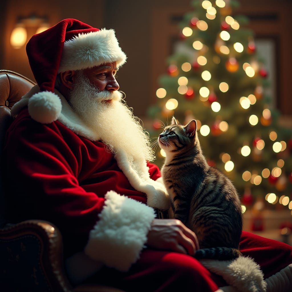 Cat on Santa's Lap: A Cinematic Christmas Scene