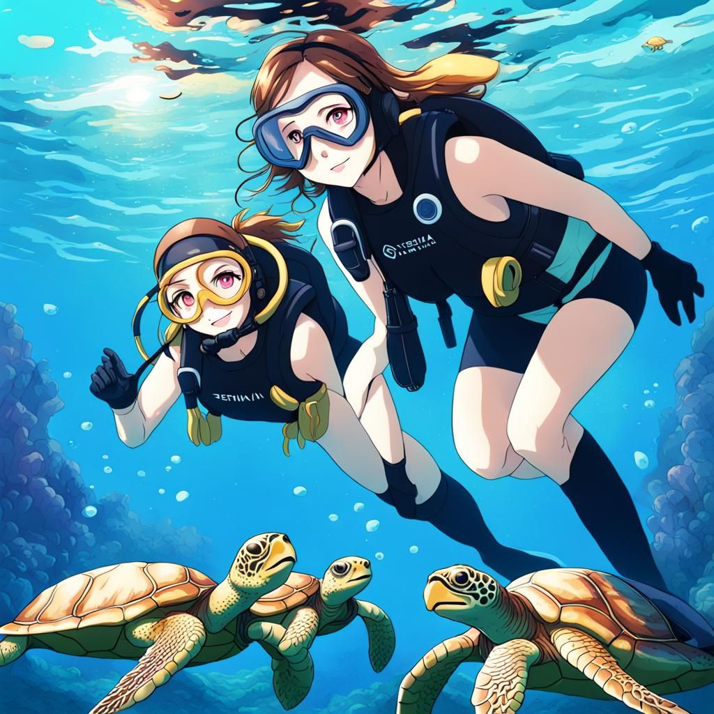 Girls Swimming with Turtles in Anime Style