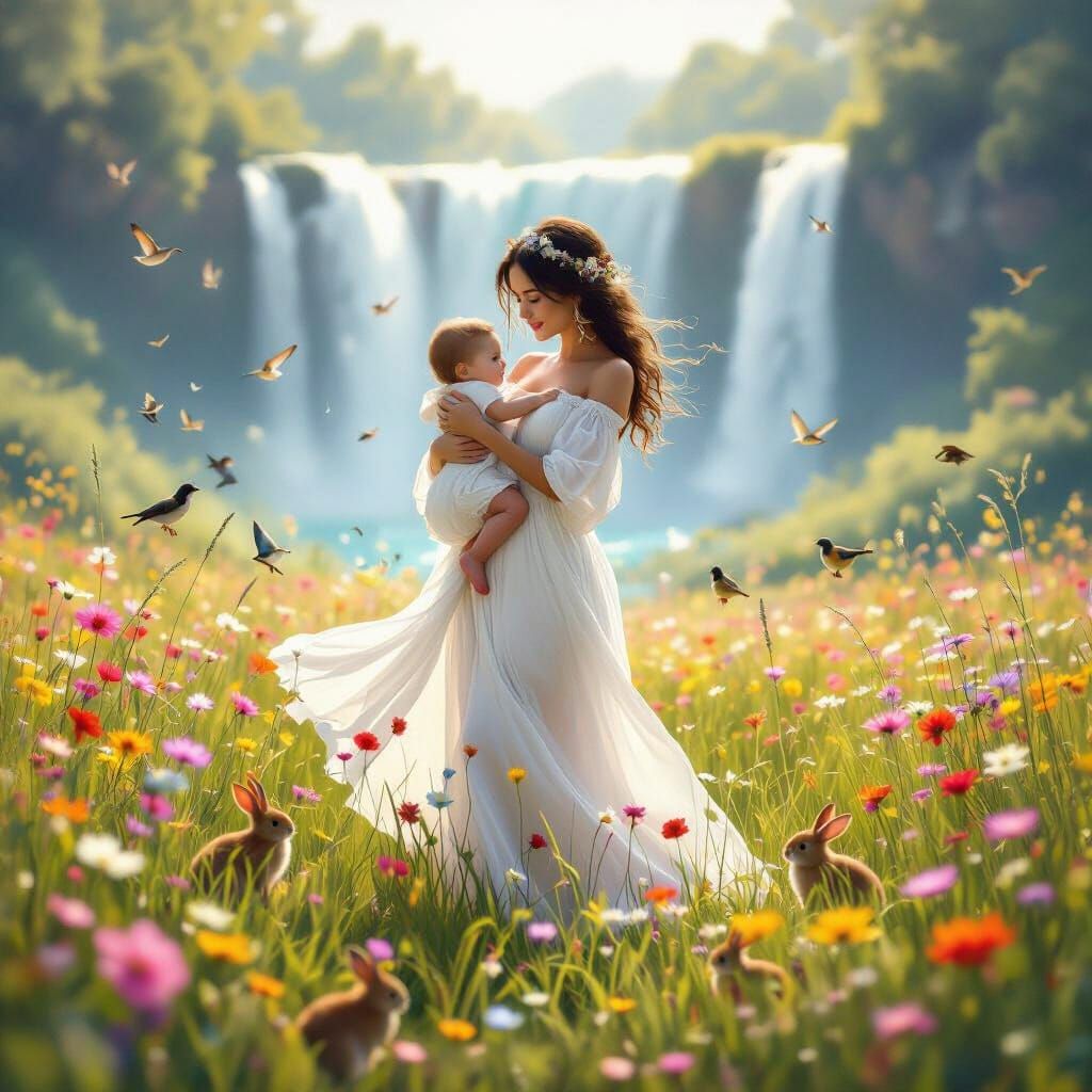 Woman and Baby in Meadow, Bokeh Airbrush Mural