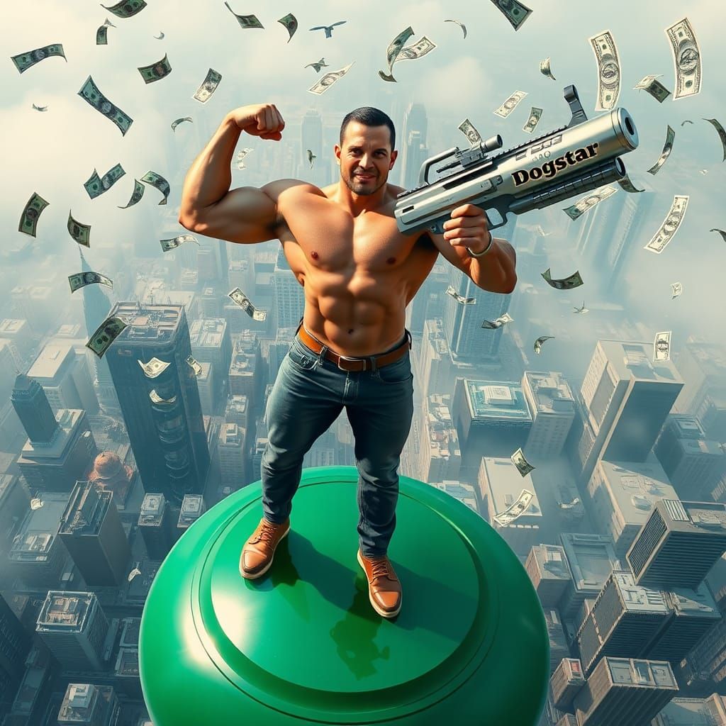 Man on Green Cylinder with Money Gun in Hyper-Realistic Styl...