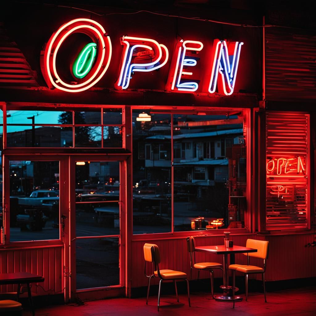 Neon Open Sign in Diner Window
