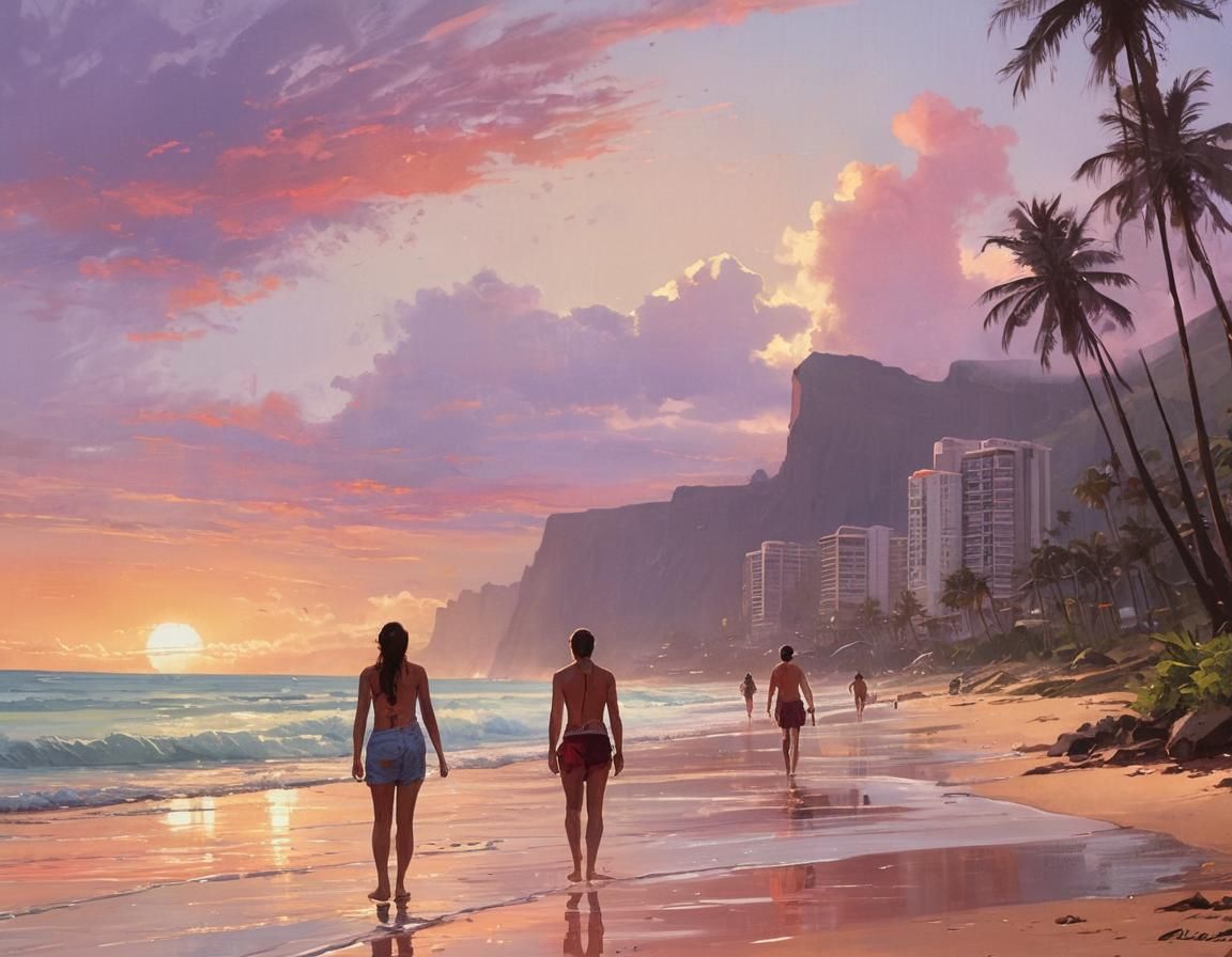 Vibrant Fantasy City by Sunrise on Hawaiian Beach