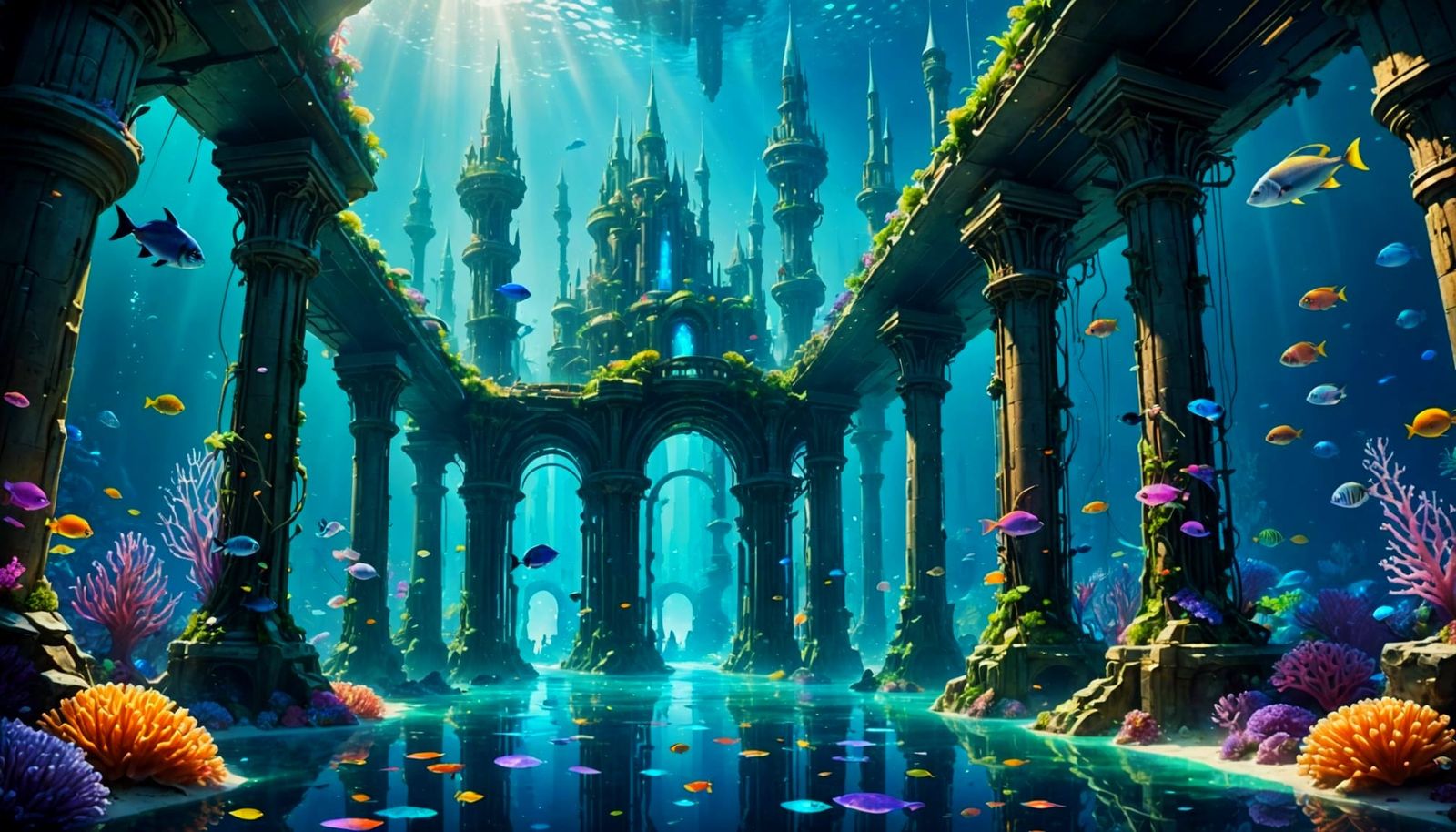 Underwater Glass City with Coral and Bioluminescent Life