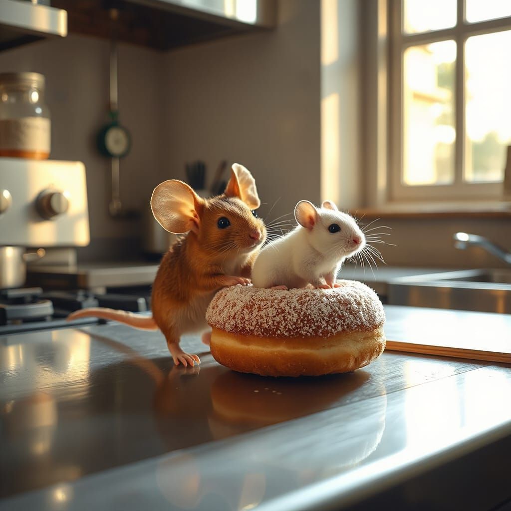 Whimsical Mice with Donut on Stainless Steel Countertop