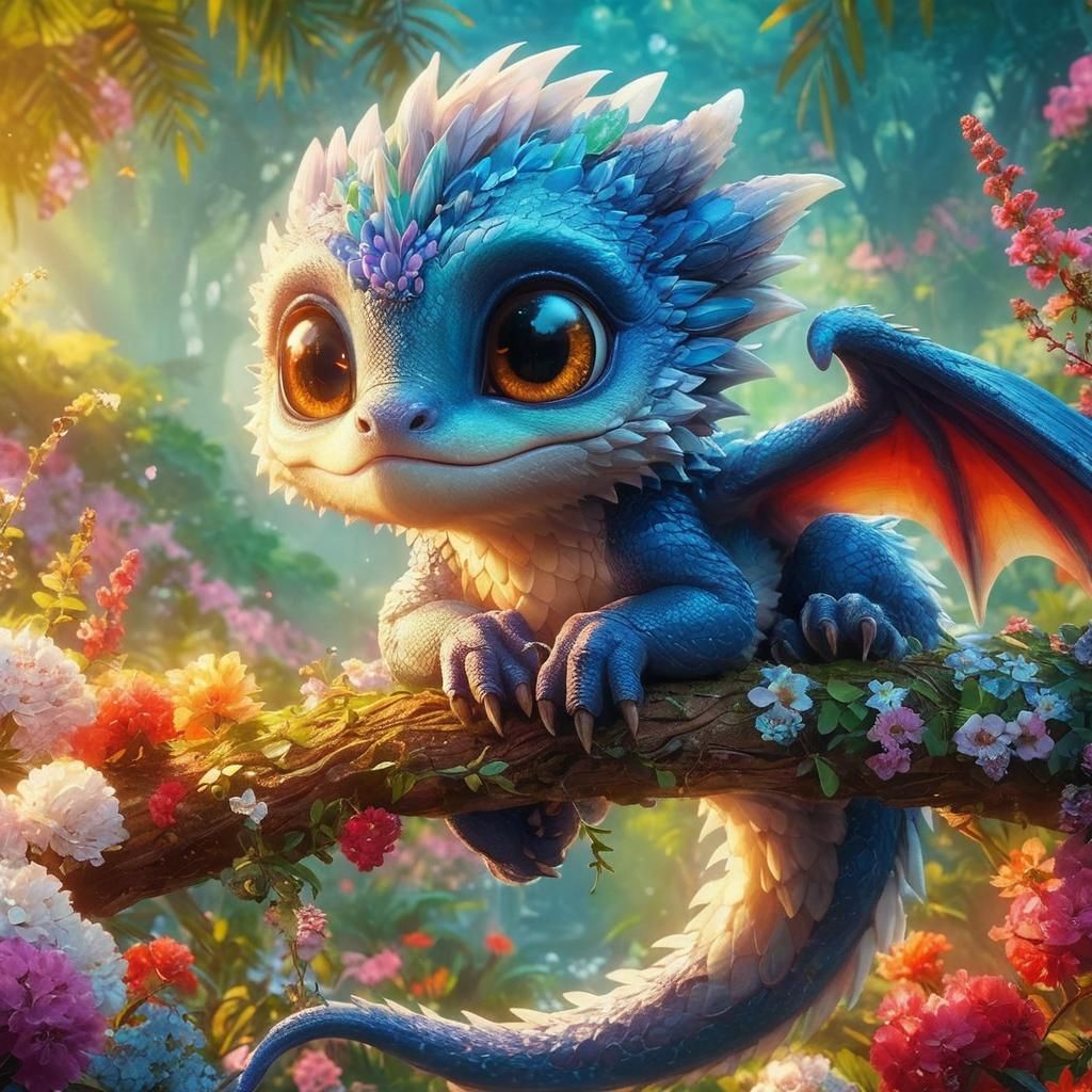 Mythical Dragon on Flower Branch: Anime Style Art