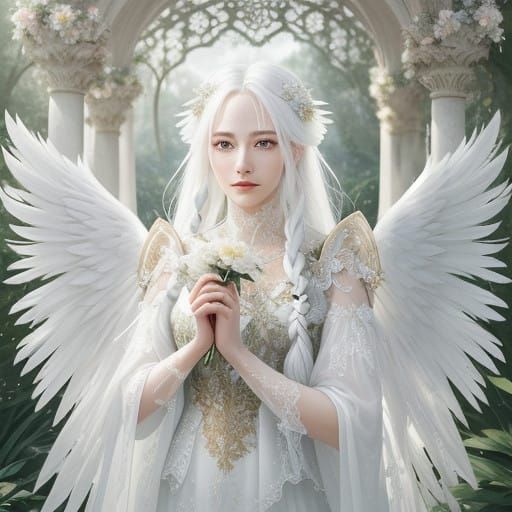 Ethereal Angel with Shimmering Flowers and Delicate Lace