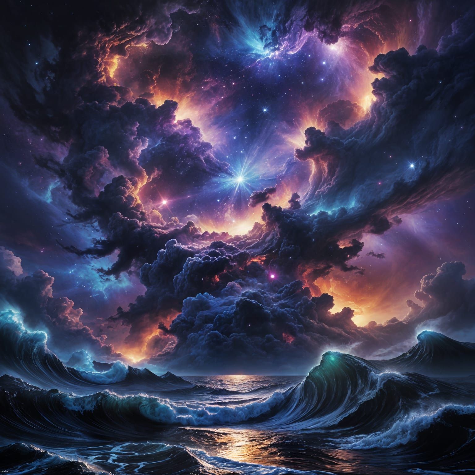 Demonic Nebula Mystically Suspended Above Dark Ocean