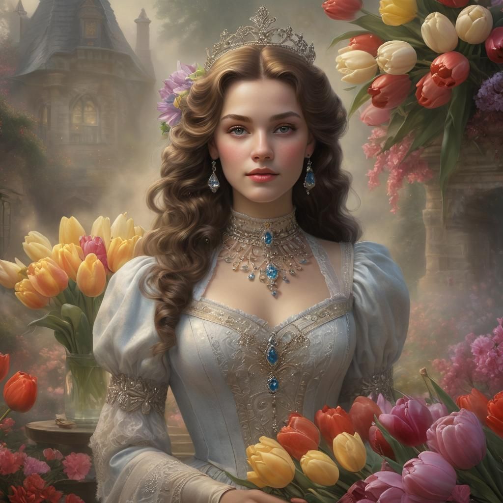 Ethereal Queen with Tulips in Detailed Matte Painting