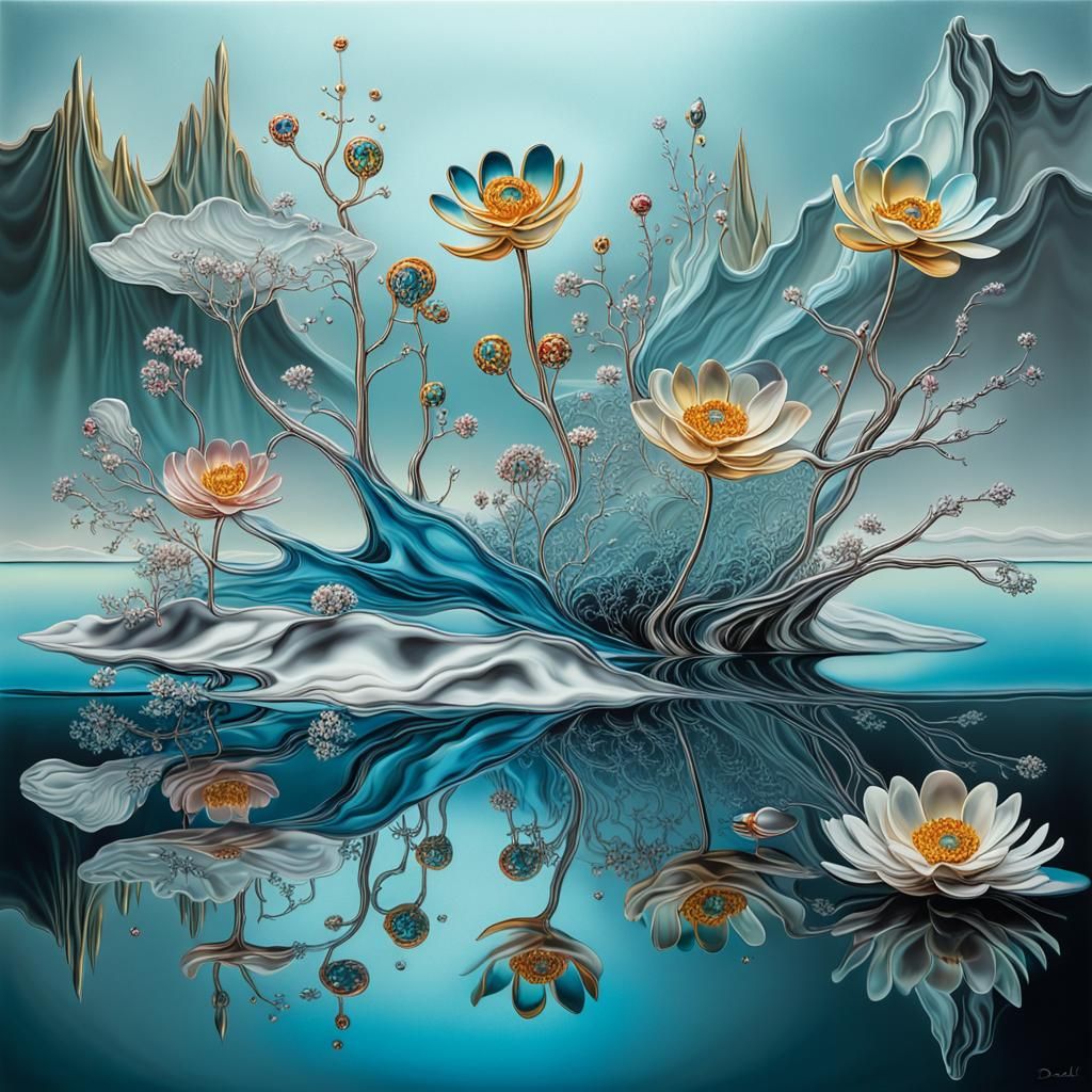 Crystal Flowers Blossom on Silver Lake: Surrealist Painting