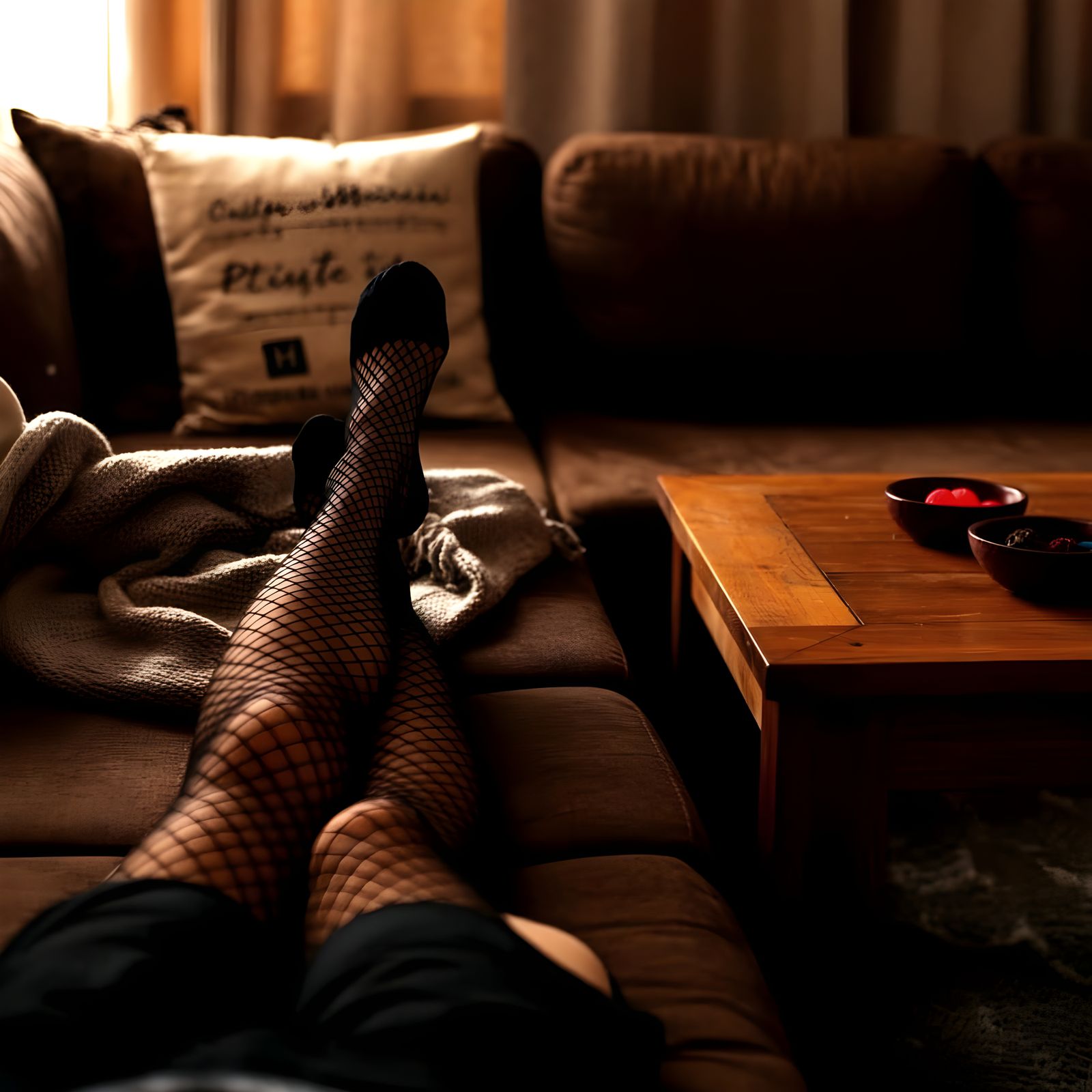 Cozy Living Room Scene with Black Fishnet Tights