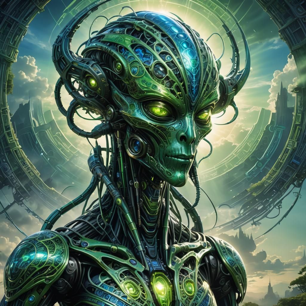 Intricate Cybernetic Alien with Hypnotic Designs