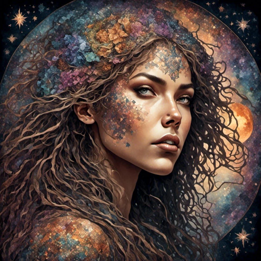 Witch Portrait with Familiar in Art Nouveau Style