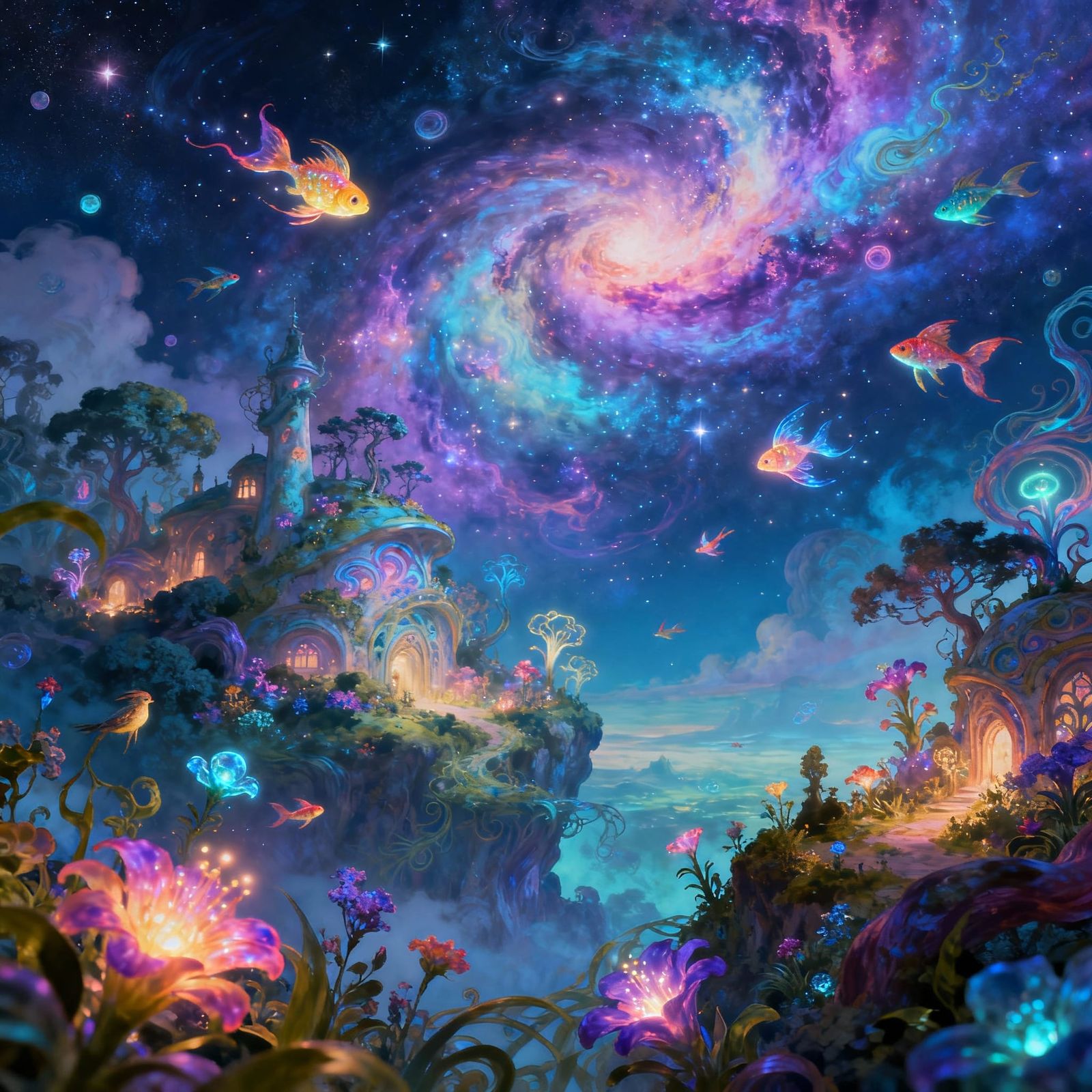 Surreal Dreamscape of Whimsical Flora and Fauna