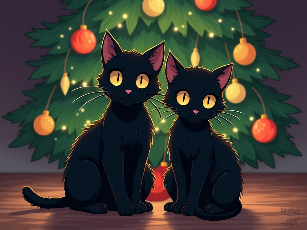 Sailor Moon Anime Style Cats Pose in Front of Christmas Tree