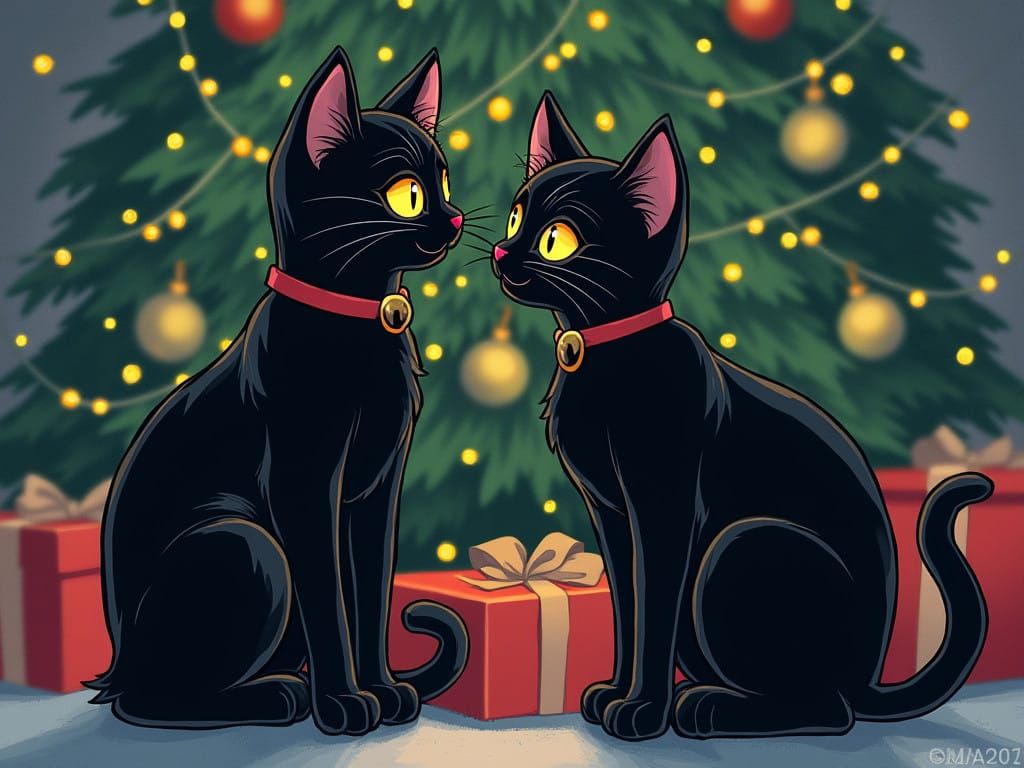 Anime Inspired Sailor Moon Cats Adorn Winter Christmas Scene