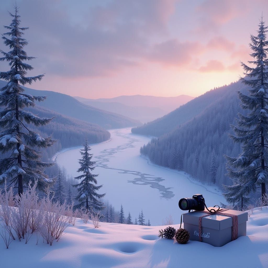 Surreal Christmas Landscape with Snow-Covered Valley and Pin...