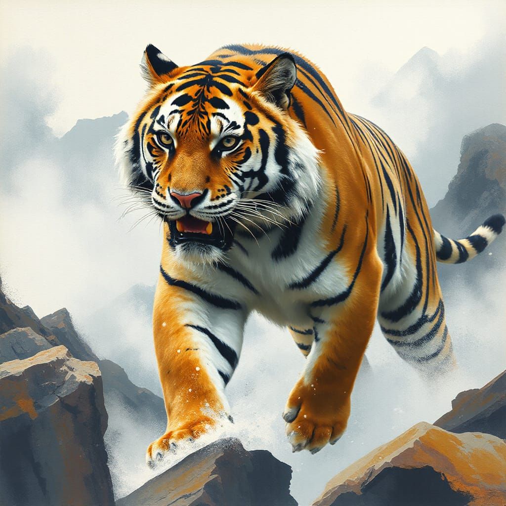 Majestic Korean Tiger Roaming Misty Mountains