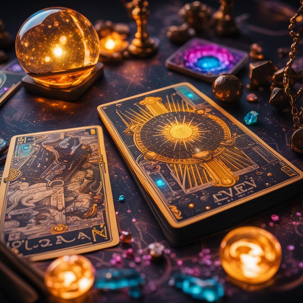 Mystical Tarot Deck with Cyberpunk Nebula Background