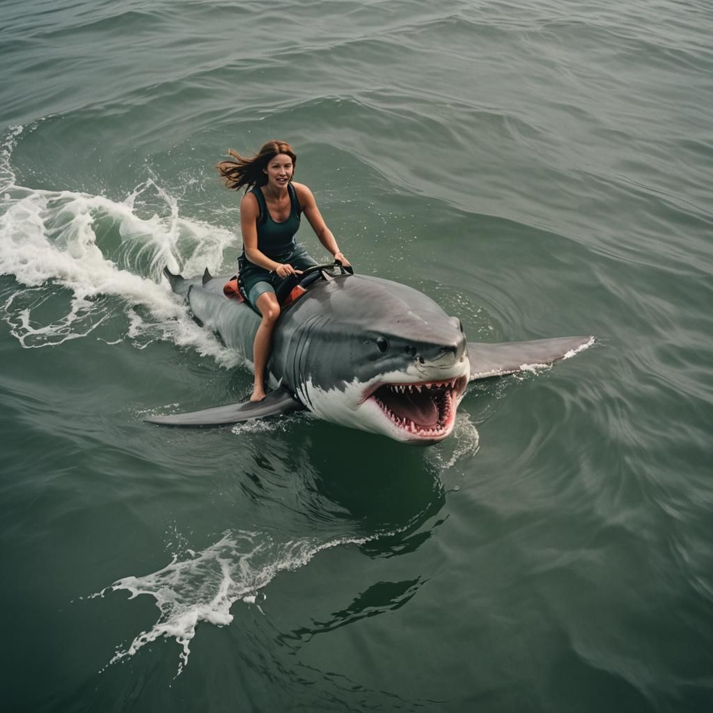 Girl Rides a Great White Shark: Cinematic Still