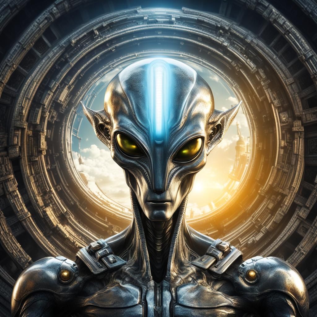 alien humanoid with a narrow face big head chrome colour shiny with a round vortex energy portal Stargate vision walks i...