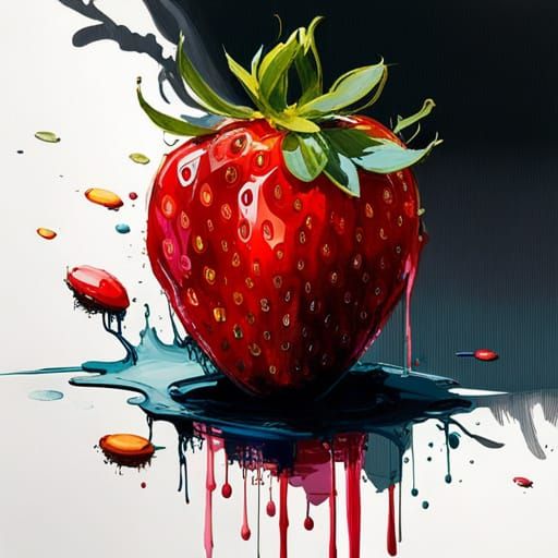 beautiful realistic strawberry with juice drops | floating down a holographic river of fantasy colored fruits | WLOP ref...