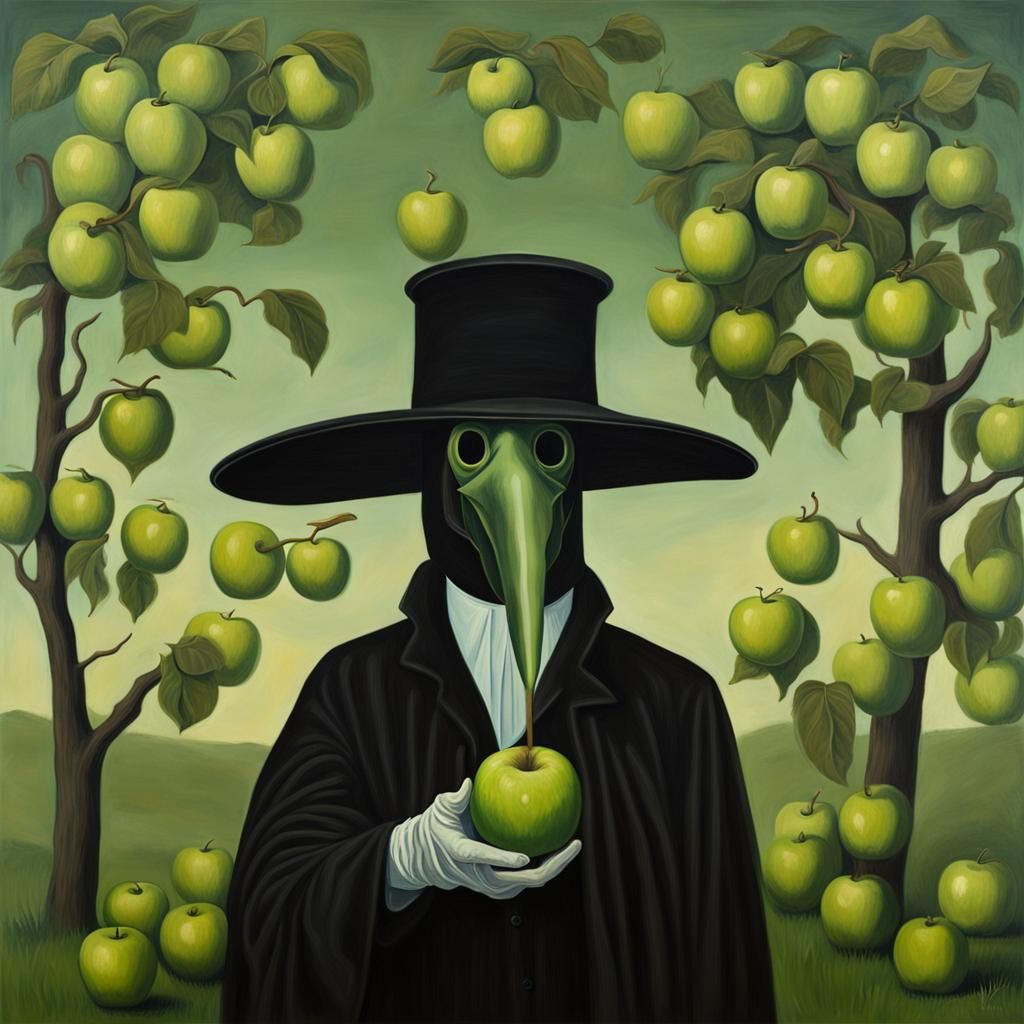 Magritte Style Plague Doctor with Apples