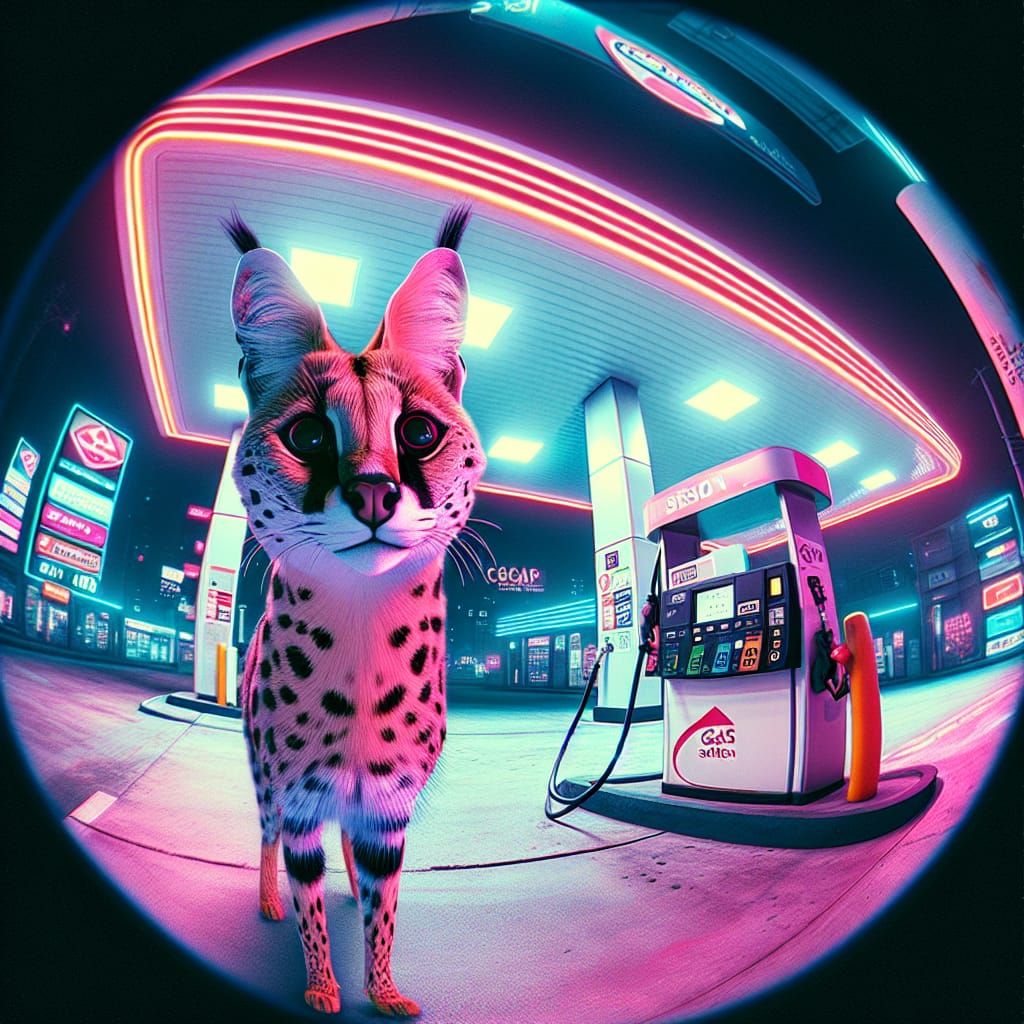 Cyberpunk Serval Cat at a Futuristic Gas Station
