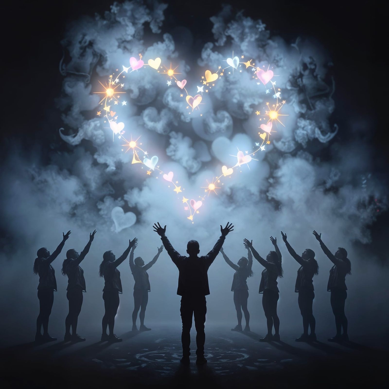 Joyful hearts against a stark black background forming spect...