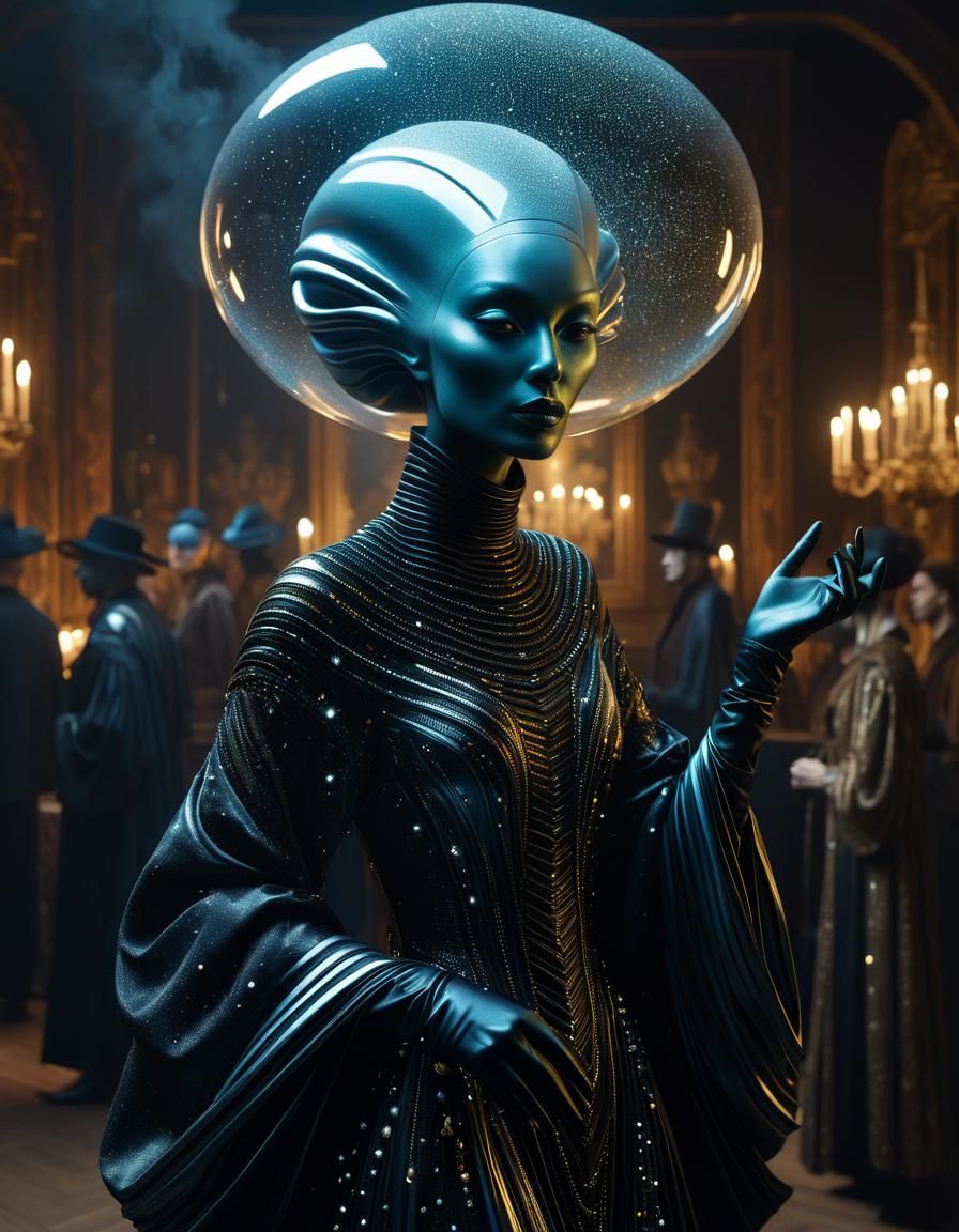 Surreal Party Scene with Aliens, Detailed Matte Painting