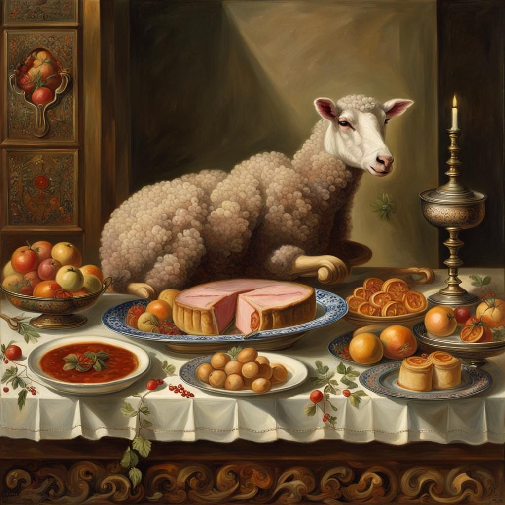 Sumptuous Feast with Sacrificial Lamb: Oil Painting