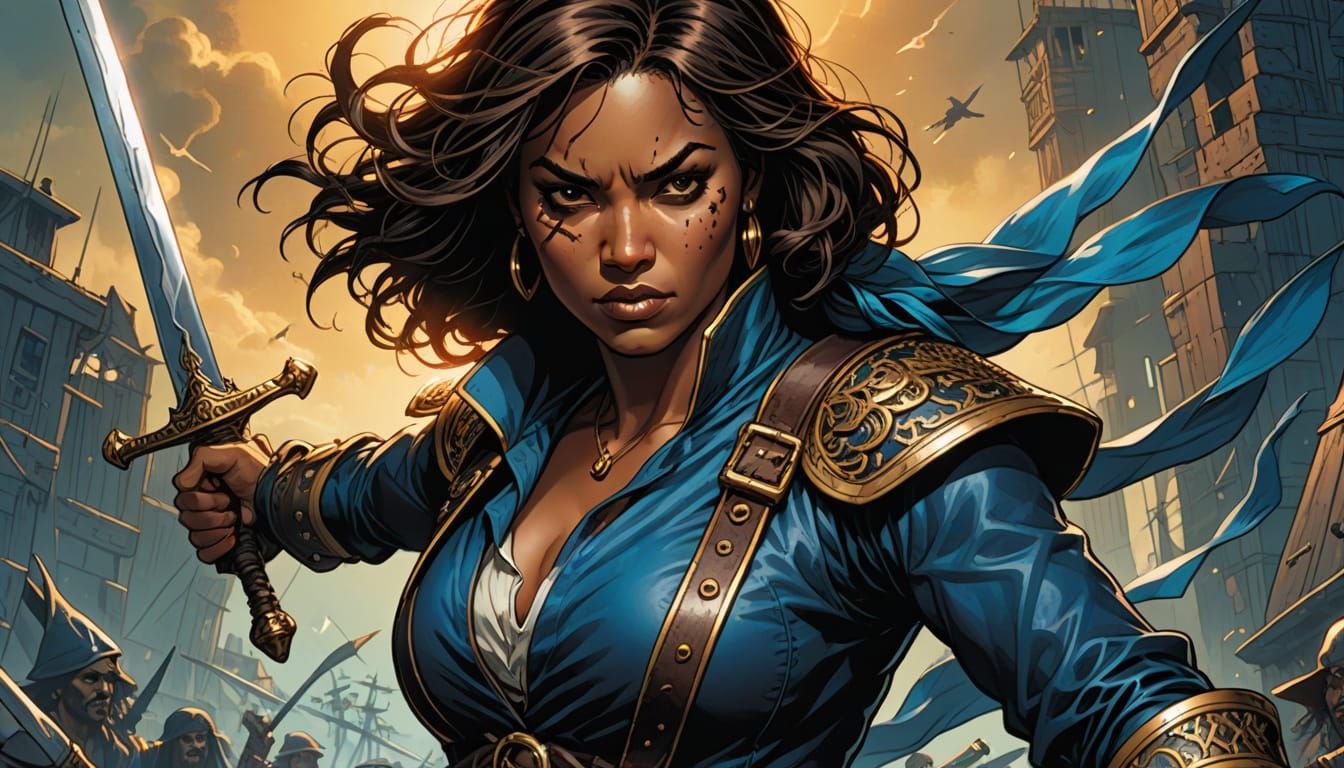 Pirate Woman with Swords in Comic Book Style