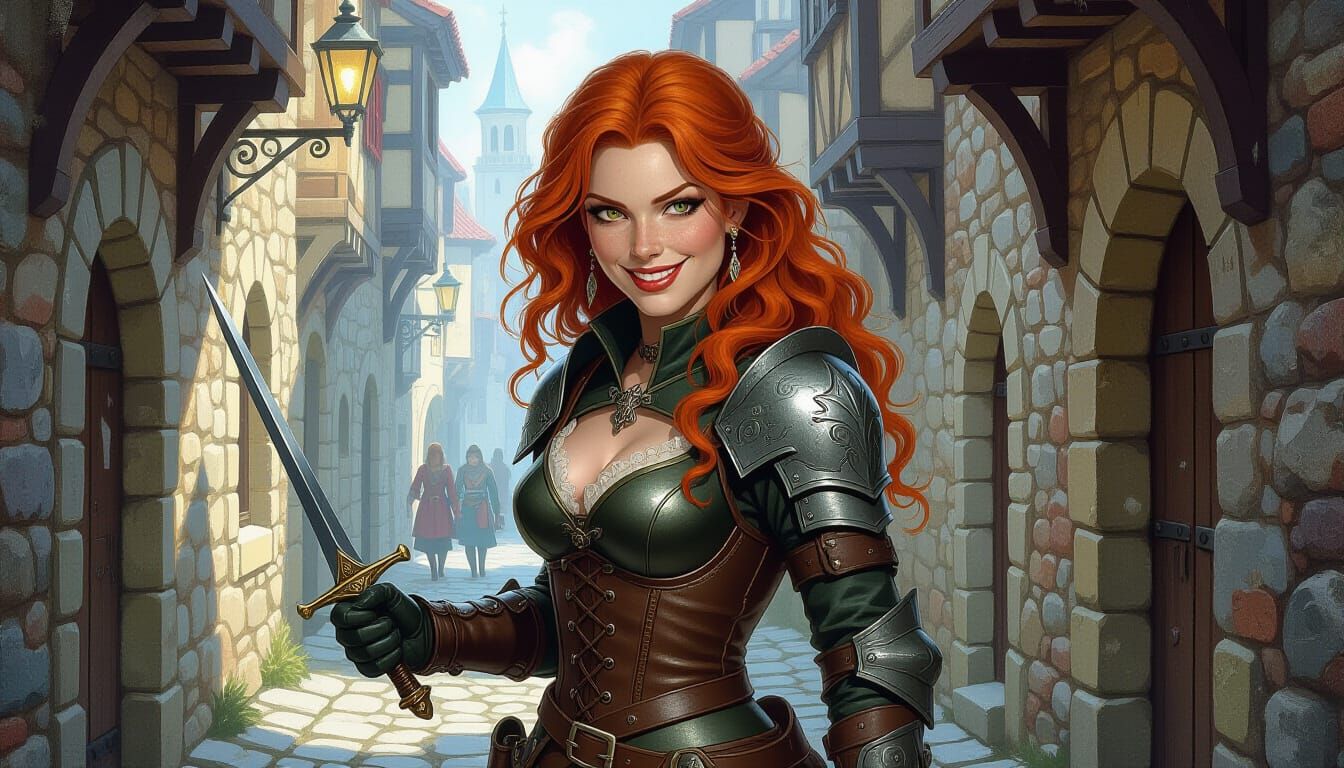 Red-Headed Rogue in Dim Alleyway, Pastel Fantasy Art