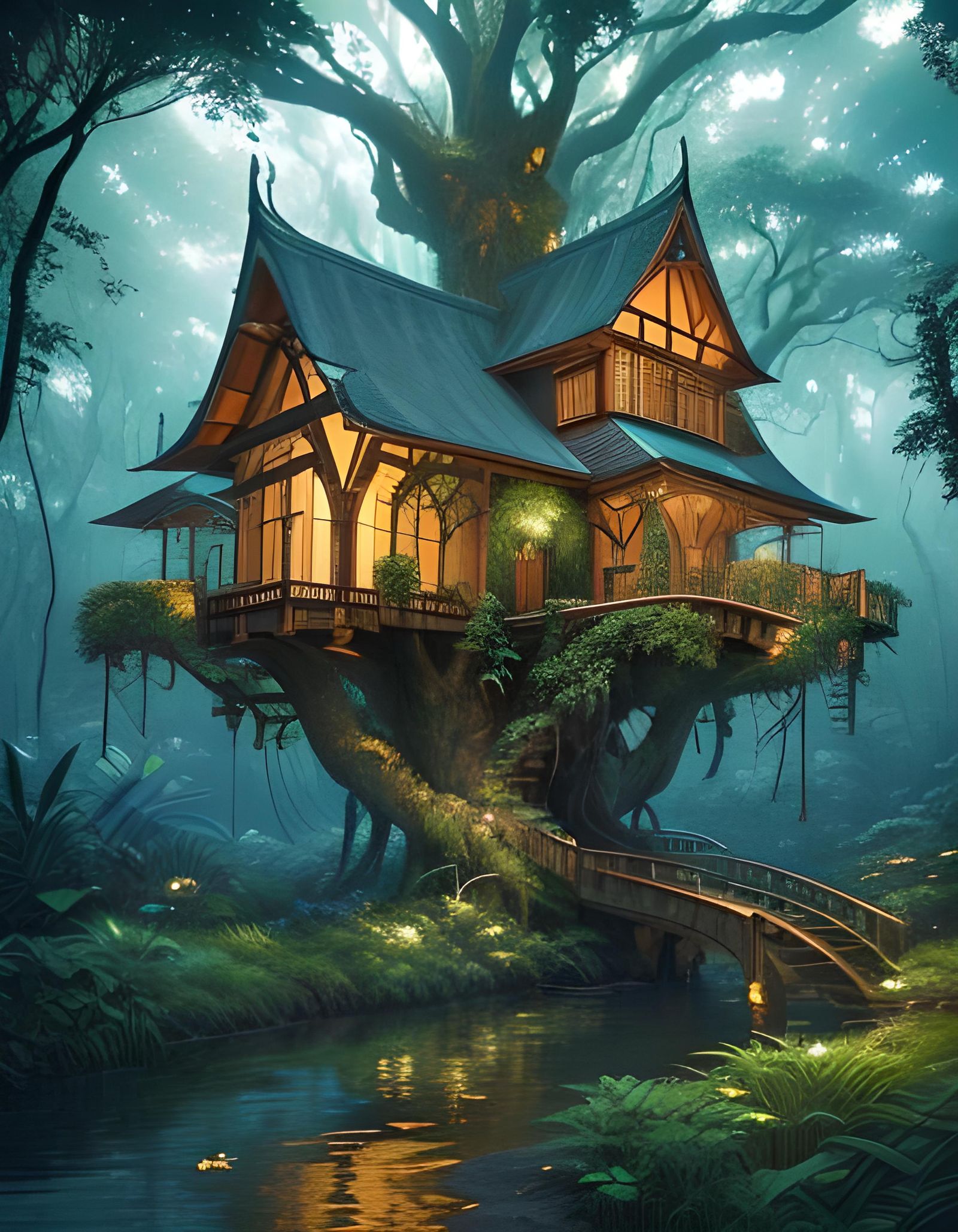 Intricate Treehouse Design in Lush Forest