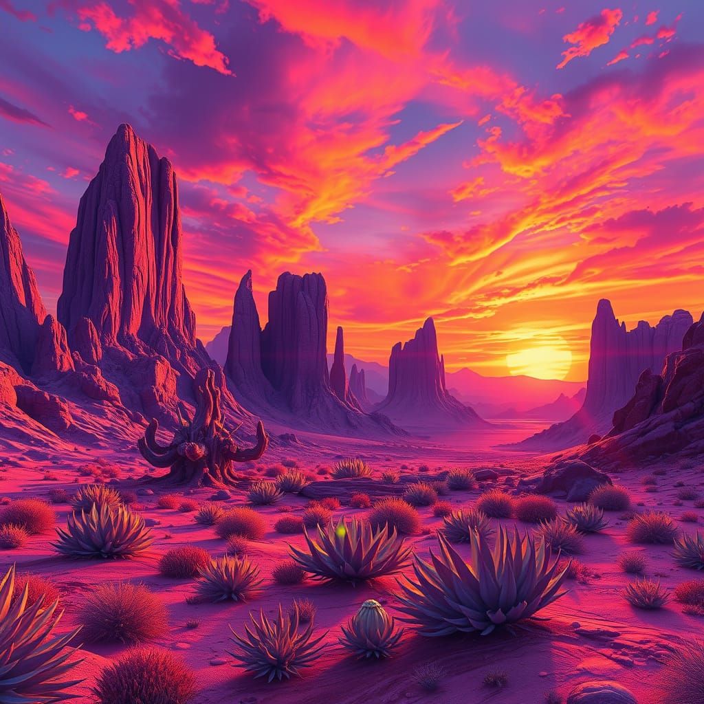 Vibrant Sunset Over Alien Desert Landscape in Matte Painting...