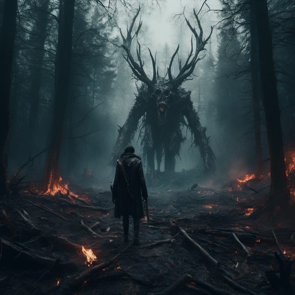 Dark Forest Scene with Creature and Swordsman