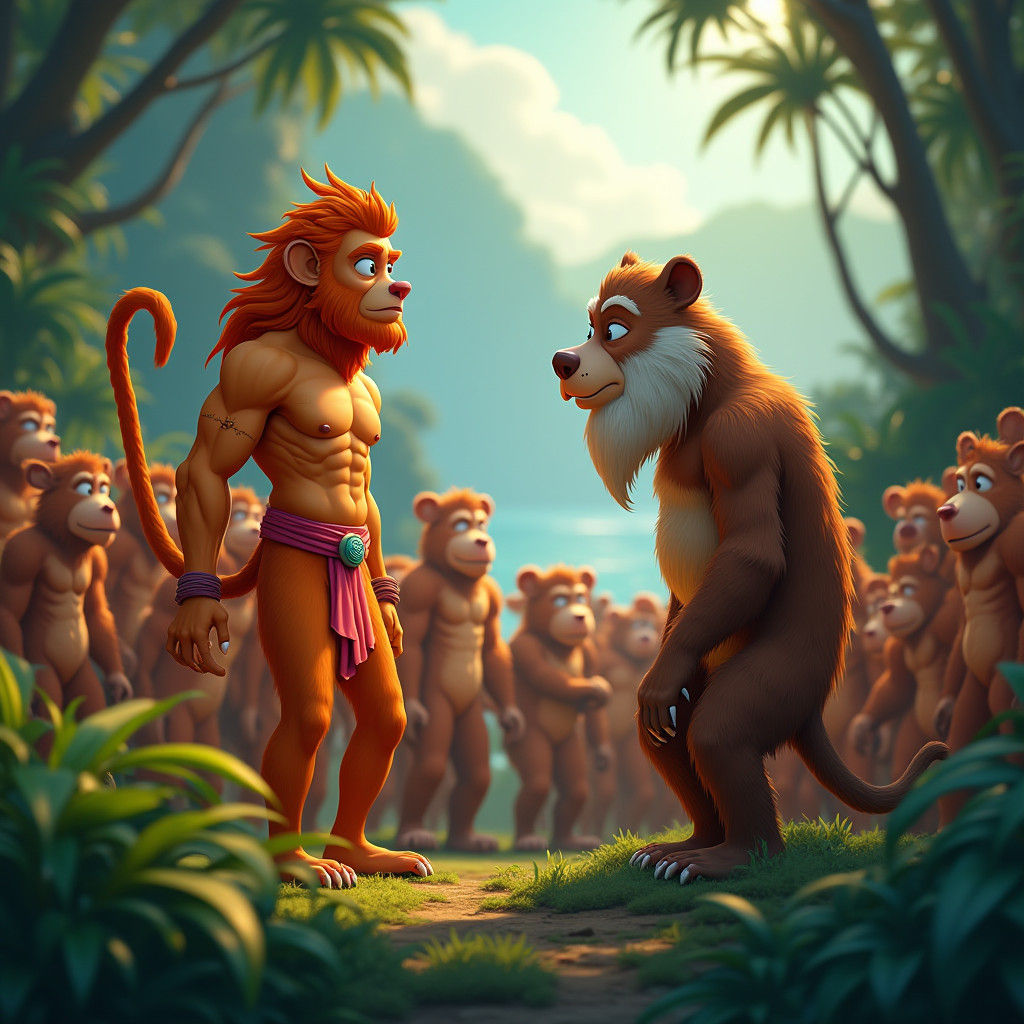 Hanuman Contemplates His Power in Lush Forest