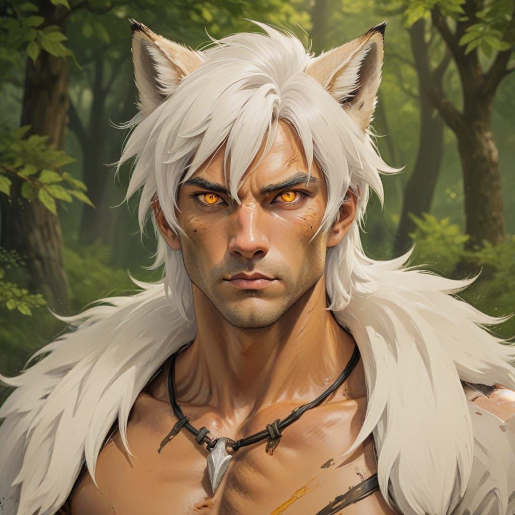 Muscular White-Haired Kitsune in Oil Painting Style