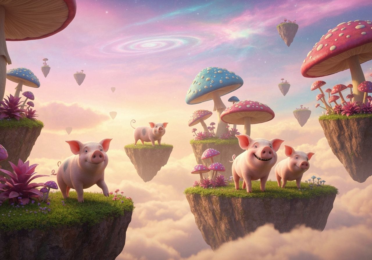 Whimsical Pigs Explore a Surreal Dreamscape