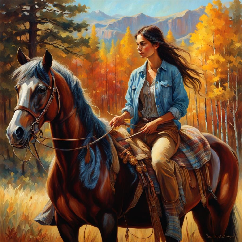 Girl on Pony with Native Man: Detailed Art