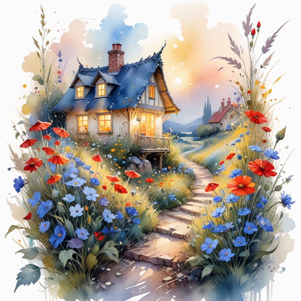 Lantern Path Through Wildflower Labyrinth Dreamy Watercolor