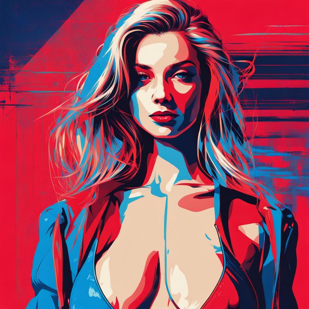 Bikini Model with Red Porsche in Pop Art Style