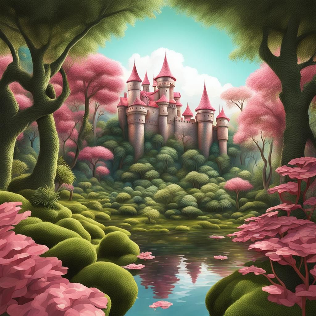 Fantasy Landscape with Pink Forest and Green Cat