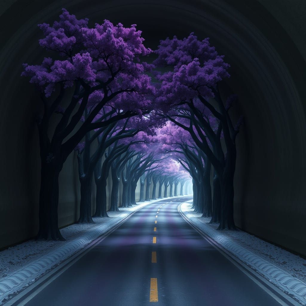 Surreal Road Tunnel Adorned with Vibrant Lavender Blooms and...